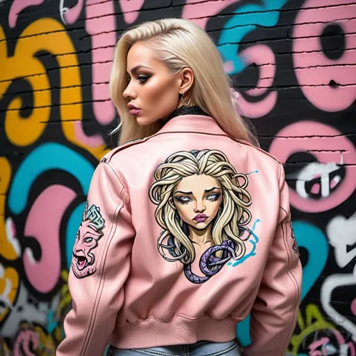 Prompt:  medusa microbraided long blonde hair revealing extra large cleavage full lips graffiti art printed on her pastel pink leather bomber jacket back front and arms  round rear side exotic leather