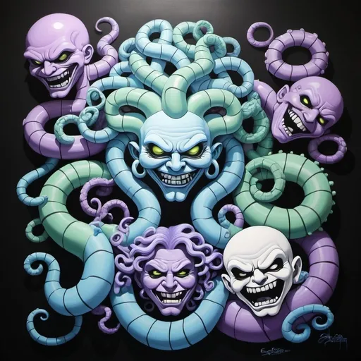 Prompt: Charachters Pastel purple white and pastel blue pastel blue pastel green graffiti medusa charachter on a black wall backround freddy crugar and jason muscular gangster pastel colored  graffiti art by sedusa adornment