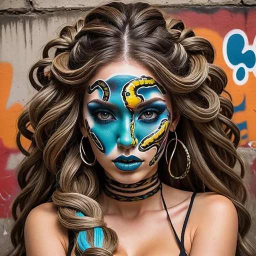 Prompt: Graffiti art face microbraided snake long medusa hair charachter revealing cleavage graffiti art face make up print