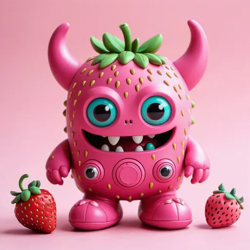 Prompt: A cute monster looking pink toy with strawberries and tech access