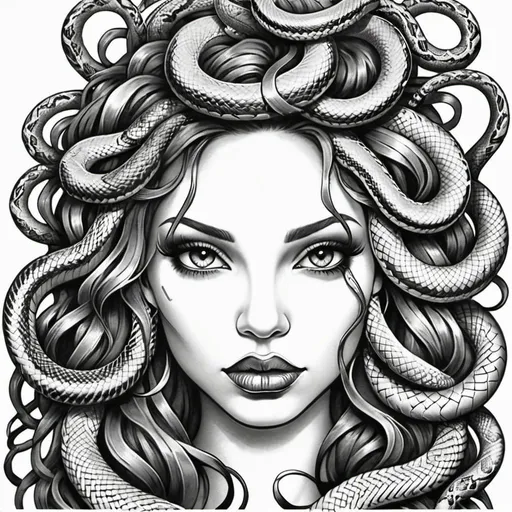 Prompt: Coloring page Graffiti art face microbraided snake long medusa hair charachter revealing cleavage graffiti art face make up print