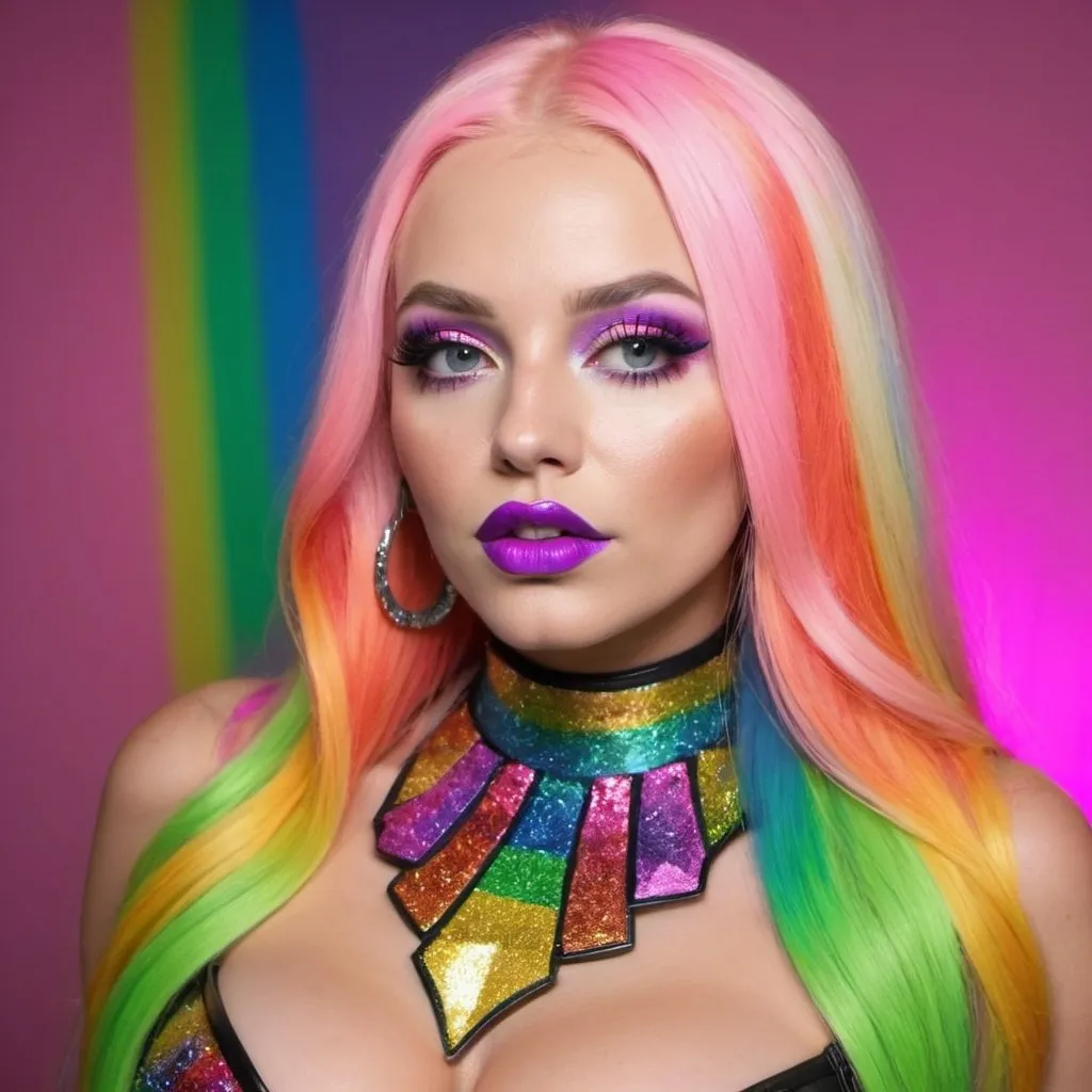 Prompt: Very long blonde neon rainbow hair revealing extra large cleavage full lips unique loud bold glittery makeup with glittery custom leather accented outfit