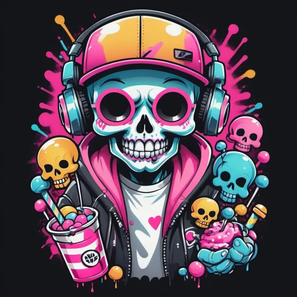 Prompt: Cartoon Graffitti character cyber punk gangster happy candy skull hip hop dj charachter spray bomb pastel print