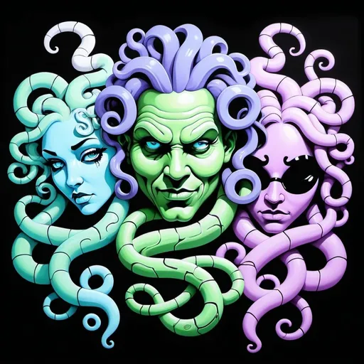 Prompt: Charachters purple white and pastel blue pastel blue pastel green graffiti medusa charachter on a black wall backround freddy crugar and jason muscular gangster pastel colored  graffiti art by sedusa adornment art 