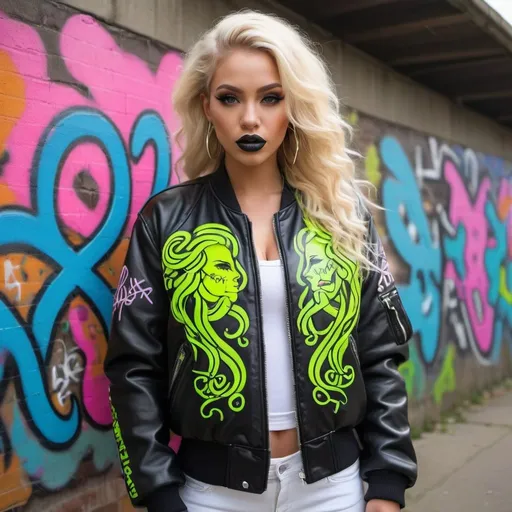 Prompt: Neon medusa microbraided blonde and hair revealing extra large cleavage full lips graffiti art printed on her leather bomber jacket  