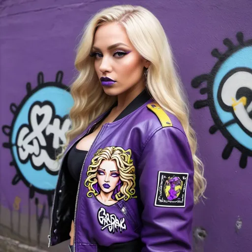 Prompt:  medusa microbraided long blonde hair revealing extra large cleavage full lips graffiti art printed on her purple leather bomber jacket  