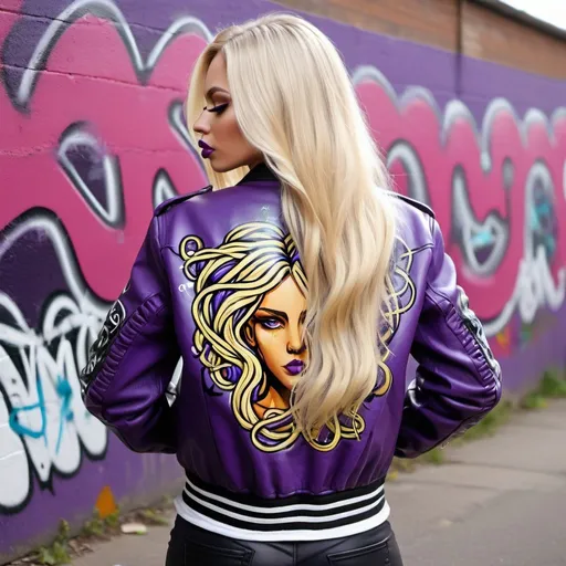 Prompt:  medusa microbraided long blonde hair revealing extra large cleavage full lips graffiti art printed on her purple leather bomber jacket back front and arms  round rear side exotix leather