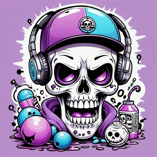 Prompt: Coloring page Cartoon Graffitti character cyber punk gangster happy candy skull hip hop dj charachter spray bomb print pastel purple black white blue 