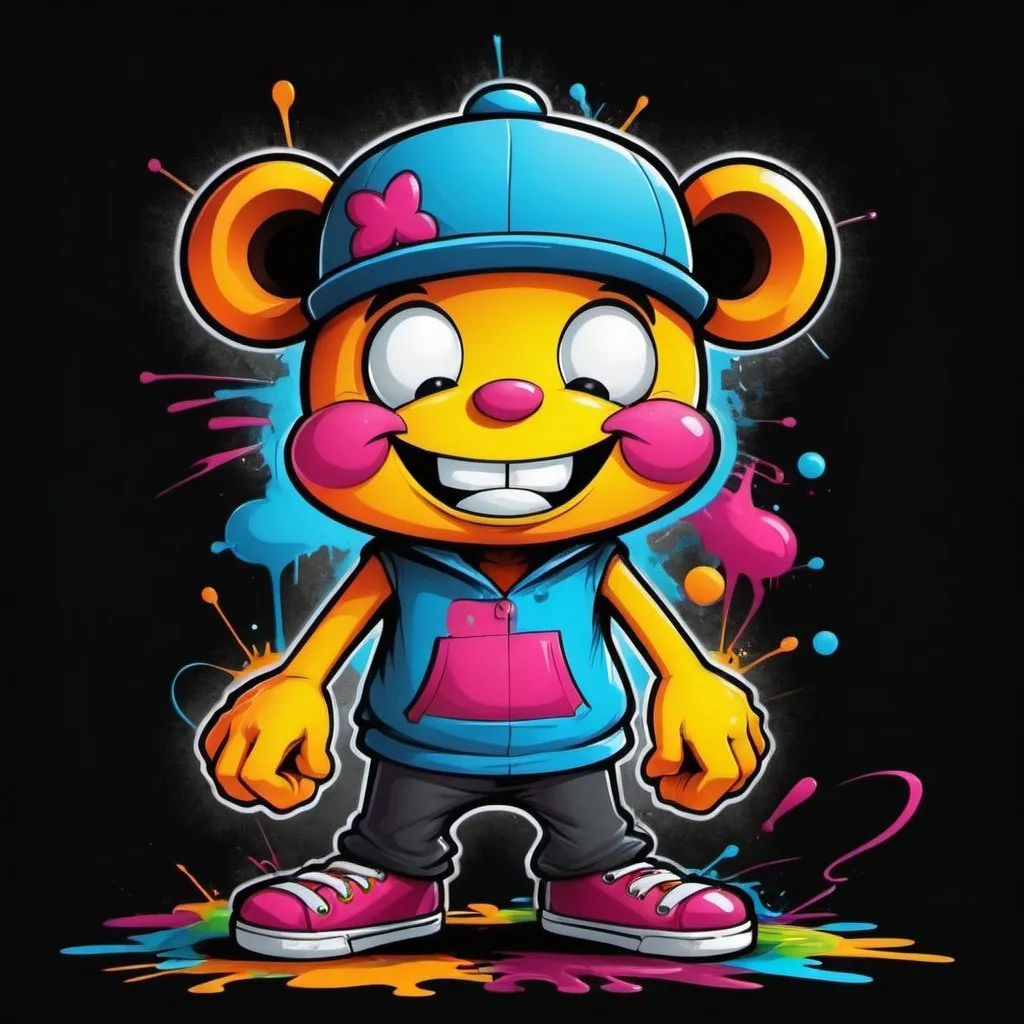 Prompt: Colorful Cartoon Graffiti character on black backround