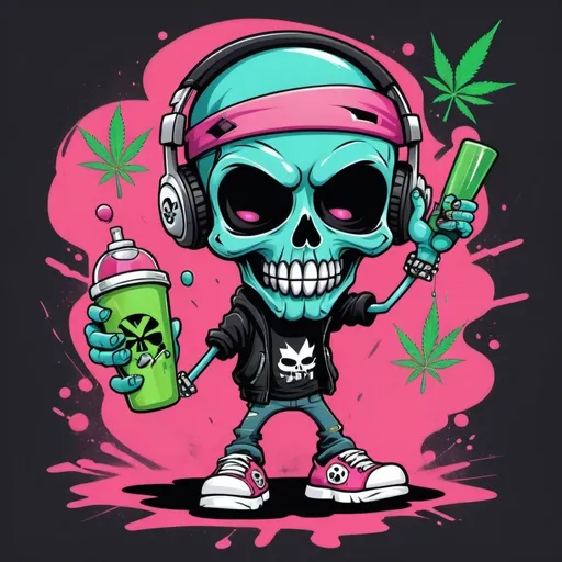 Prompt: Cartoon Graffitti character cyber punk gangster happy weed candy skull hip hop dj charachter spray bomb pastel