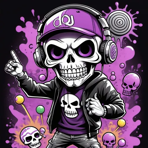 Prompt: Coloring page Cartoon Graffitti character cyber punk gangster happy candy skull hip hop dj charachter spray bomb print pastel purple black white 