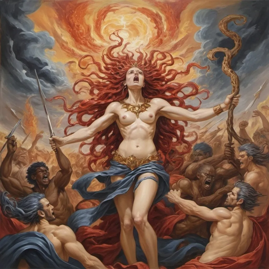 Prompt: Coloring print oil painting vangoughA soul calling to fight a spiritual war in the human form of a chaos and struggle engineered by abusive powers of the elites - sedusa adornment 