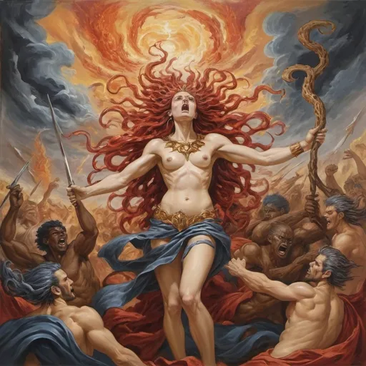 Prompt: Coloring print oil painting vangoughA soul calling to fight a spiritual war in the human form of a chaos and struggle engineered by abusive powers of the elites - sedusa adornment 