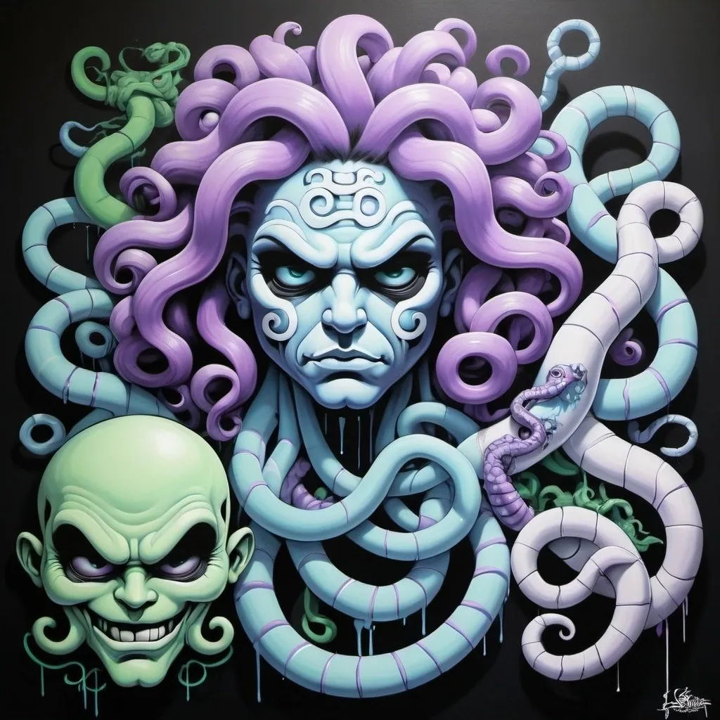 Prompt: Charachters Pastel purple white and pastel blue pastel blue pastel green graffiti medusa charachter on a black wall backround freddy crugar and jason muscular gangster pastel colored  graffiti art by sedusa adornment