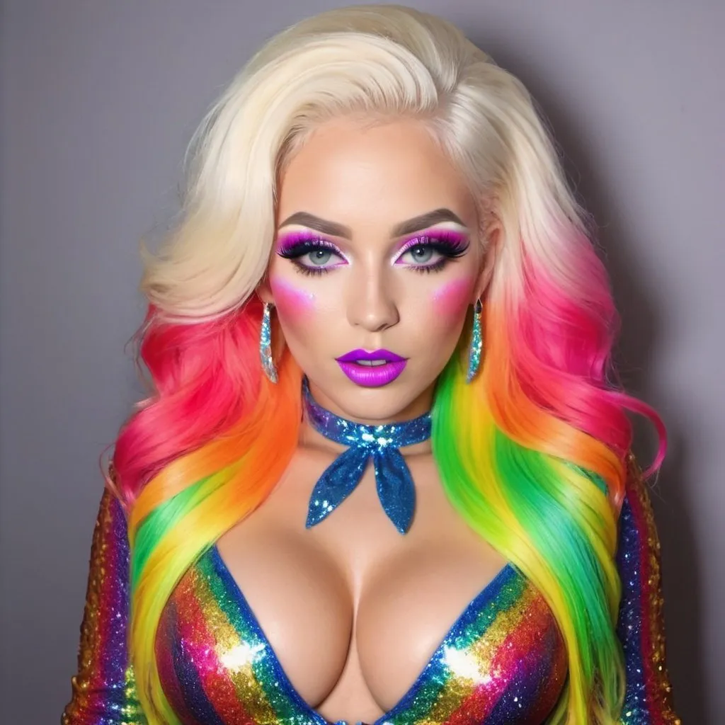 Prompt: Bery long blonde neon rainbow hair revealing extra large cleavage full lips unique loud bold glittery makeup with glittery custom outfit