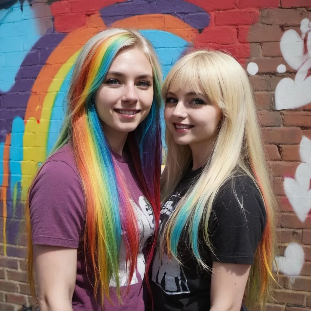 Prompt: graffitti blonde rainbow long hair the Chester cat and Alice