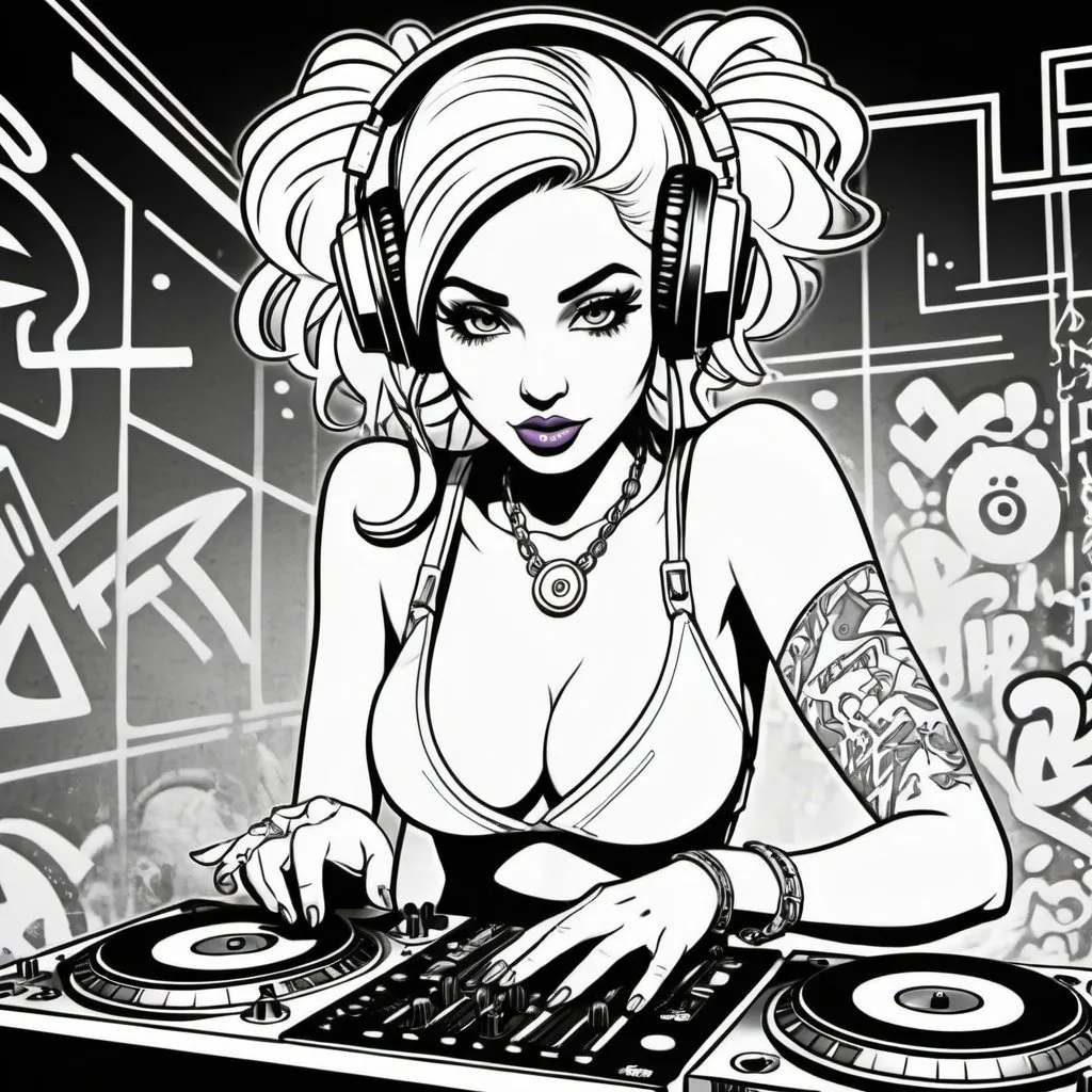 Prompt: Coloring page Graffitti cartoon female dj  character revealing cleavage cyber punk gangster print 