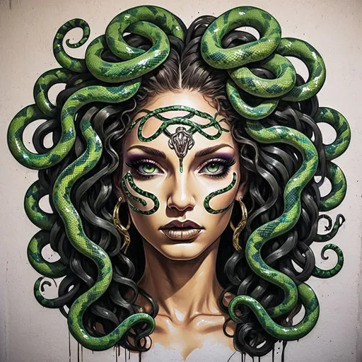 Prompt: Graffiti art face medusa microbraided snake long medusa hair charachter revealing cleavage graffiti art face make up Clothing print sedusa adornment glittery shiney