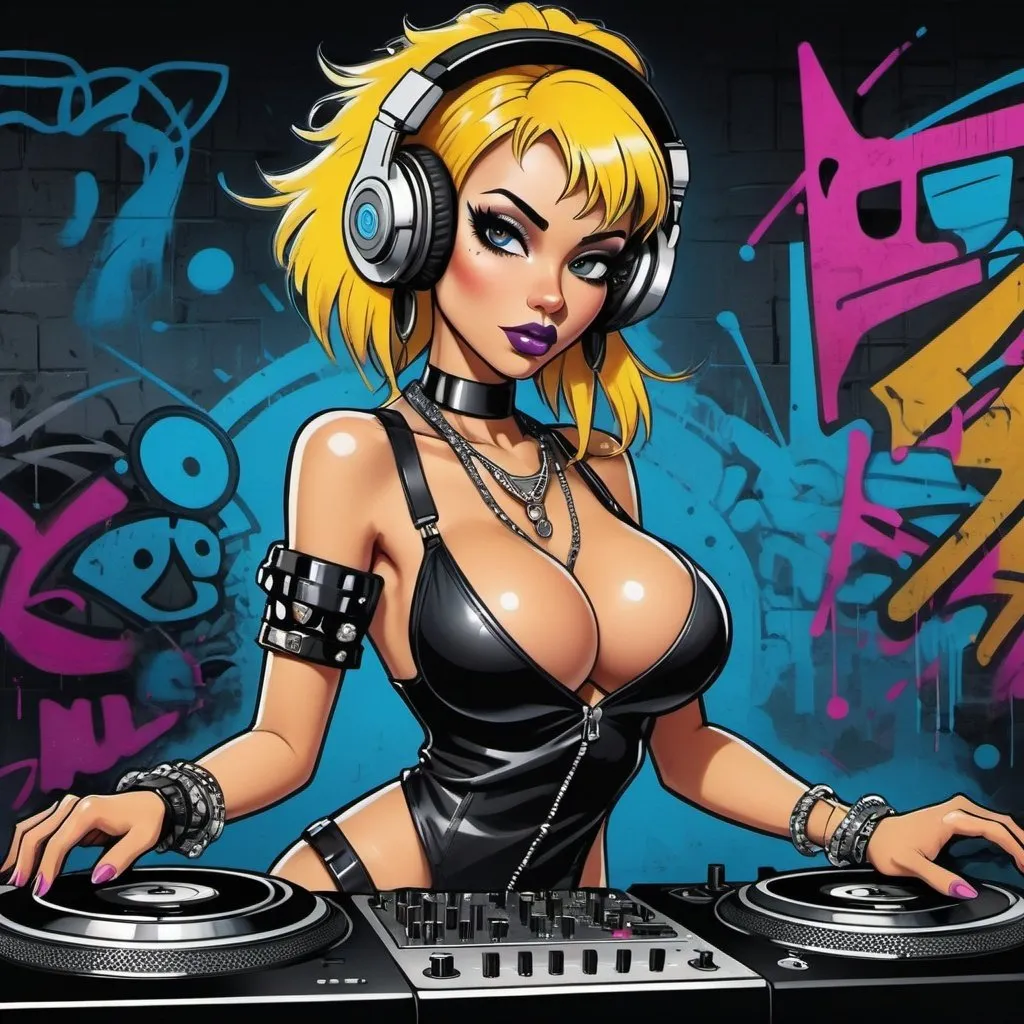 Prompt: Graffitti cartoon dj  character revealing cleavage cyber punk gangster print 