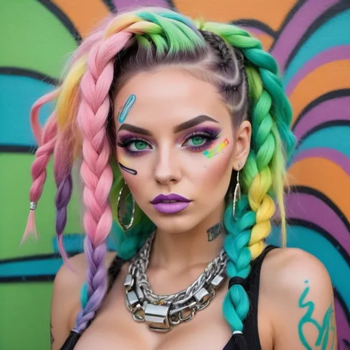 Prompt: Pastel graffiti gangster character green eyes revealing extra large cleavage with rainbow pastel microbraided hair and full lips designer bold unique loud makeup artists bold adornment creative stylish design graffiti art makeup