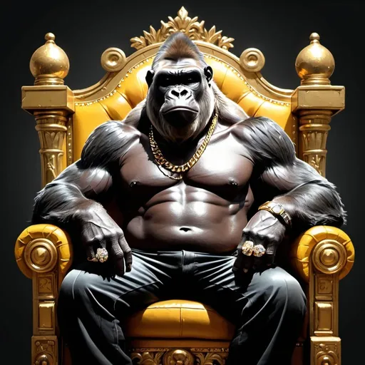 Prompt: Cartoon Graffiti character art gangster gorilla sitting on a throne smoking a cigar bling