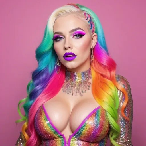 Prompt: Very long blonde neon rainbow hair revealing extra large cleavage full lips unique loud bold glittery makeup with glittery custom outfit