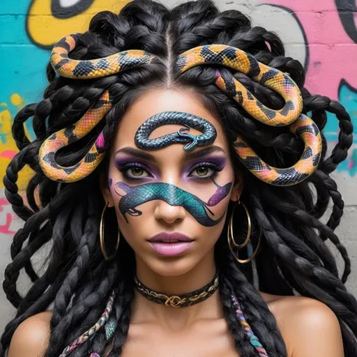 Prompt: Color black and multi pastel print page Graffiti art face microbraided snake long medusa hair charachter revealing cleavage graffiti art face make up print sedusa adornment