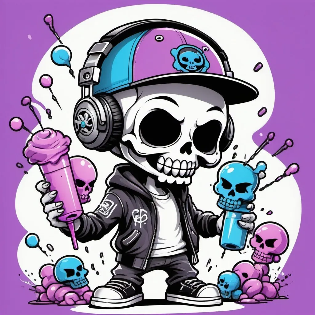 Prompt: Coloring page Cartoon Graffitti character cyber punk gangster happy candy skull hip hop dj charachter spray bomb print pastel purple black white blue 