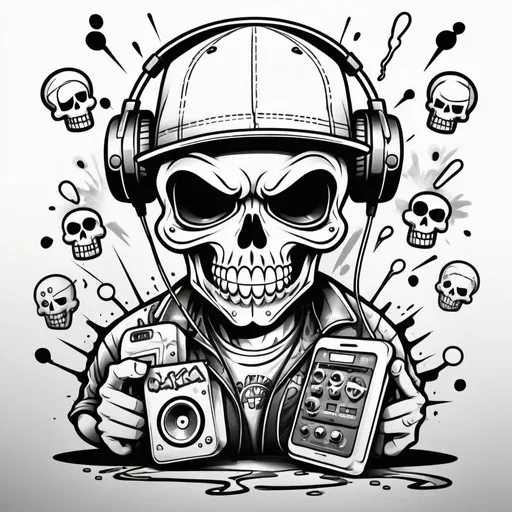 Prompt: Coloring page Cartoon Graffitti character cyber punk gangster happy candy skull hip hop dj charachter spray bomb print