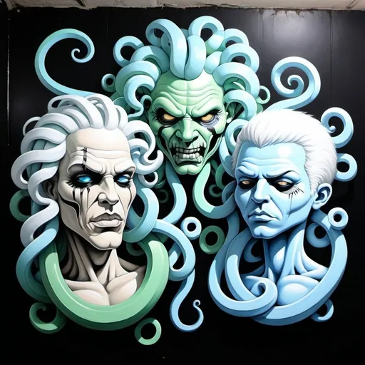 Prompt: Charachters Pastel white and pastel blue pastel blue pastel green graffiti medusa charachter on a black wall backround freddy crugar and jason muscular gangster pastel colored  graffiti art by sedusa adornment