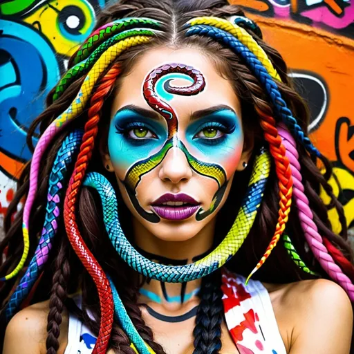 Prompt: Color art print page Graffiti art face microbraided snake long medusa hair charachter revealing cleavage graffiti art face make up print sedusa adornment 