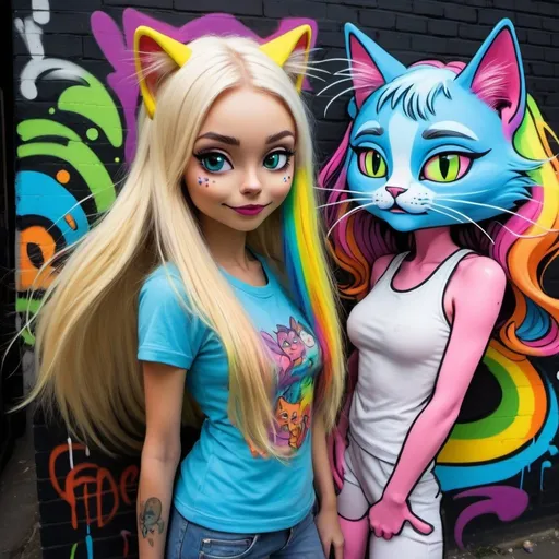 Prompt: Cartoon attitude  characture graffitti blonde neon rainbow long hair the Chester cat and Alice with an extraterestrial being