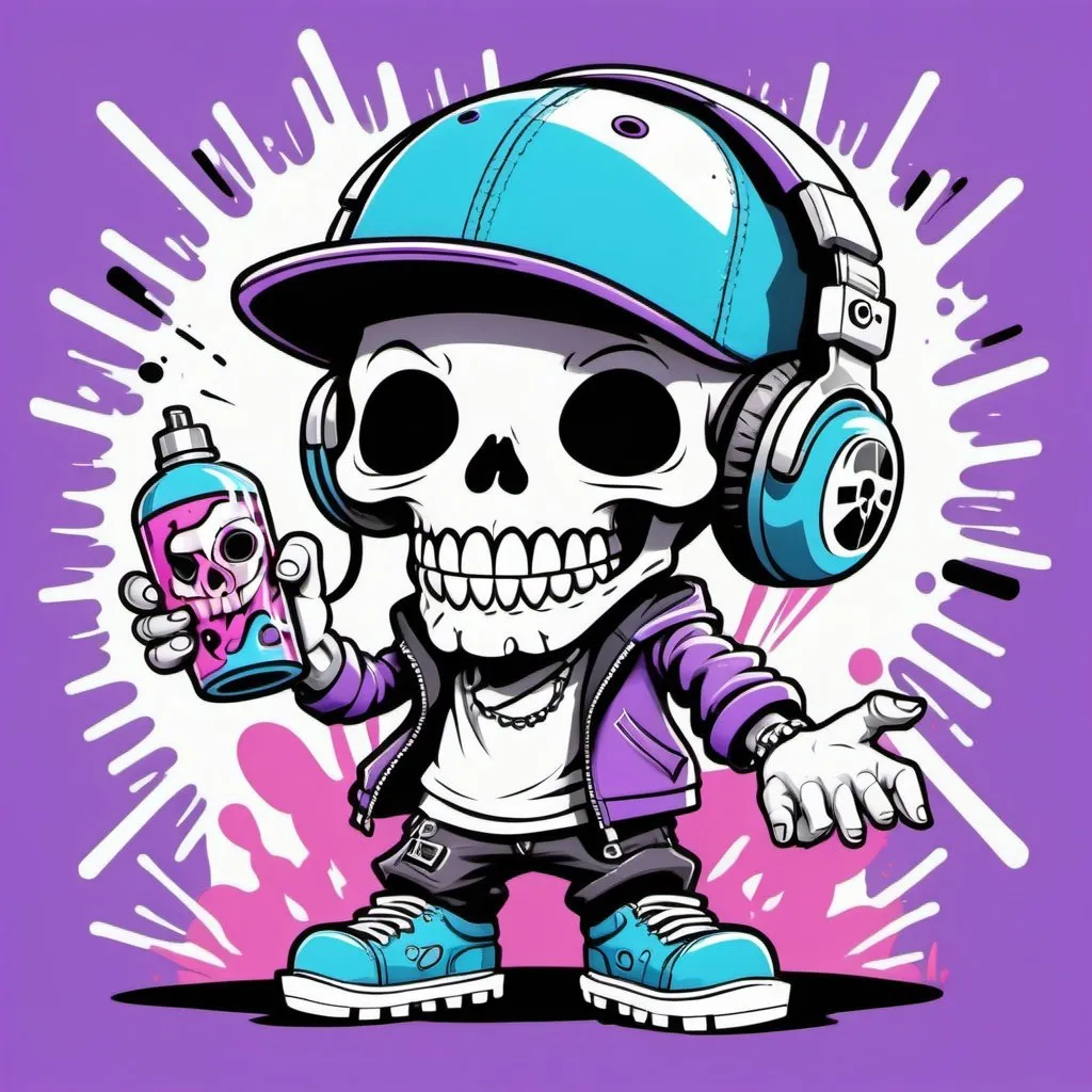 Prompt: Coloring page Cartoon Graffitti character cyber punk gangster happy candy skull hip hop dj charachter spray bomb print pastel purple black white blue 