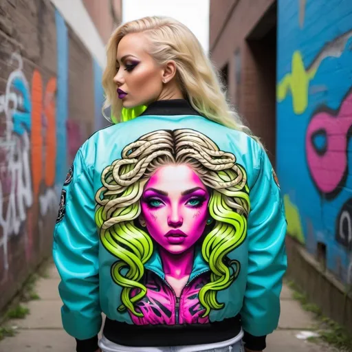 Prompt: Neon medusa long blonde microbraided hair revealing extra large cleavage full lips graffiti art printed on bomber jacket 