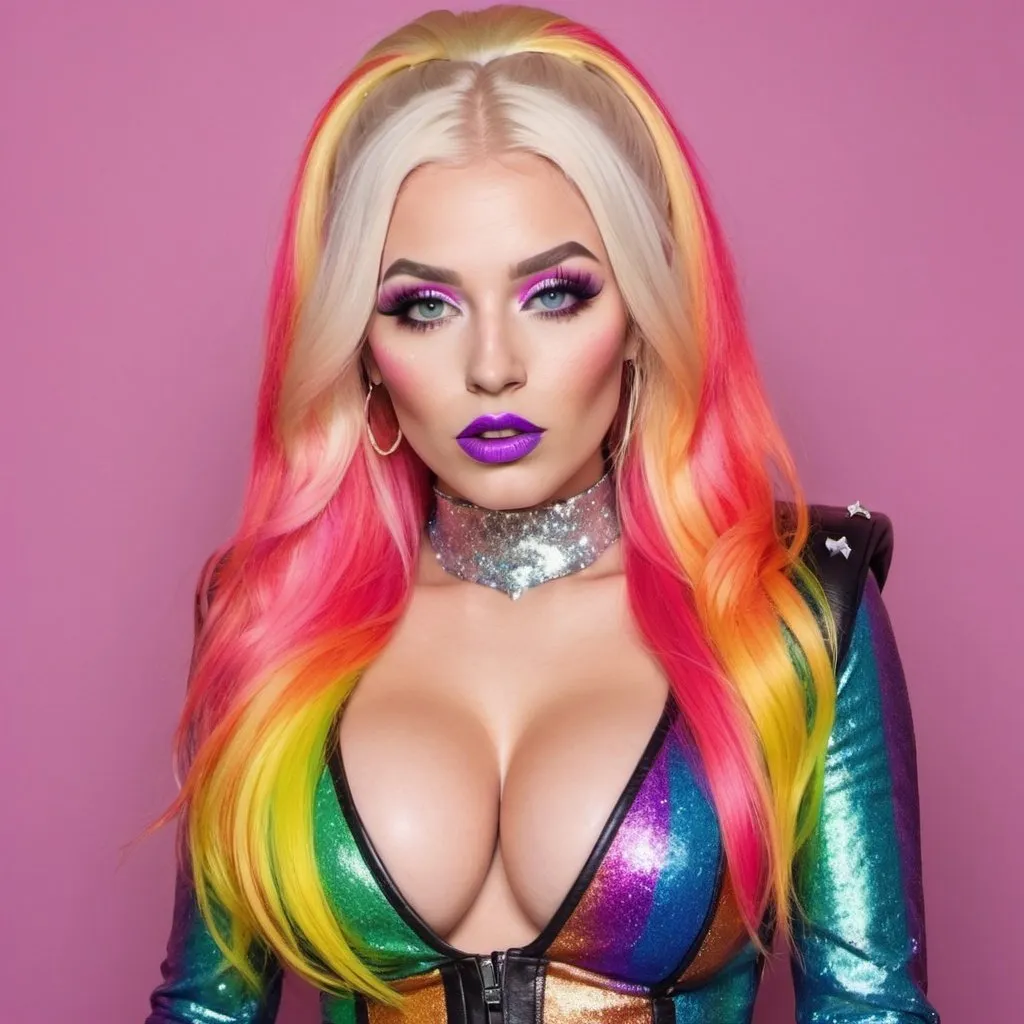 Prompt: Very long blonde neon rainbow hair revealing extra large cleavage full lips unique loud bold glittery makeup with glittery custom leather outfit