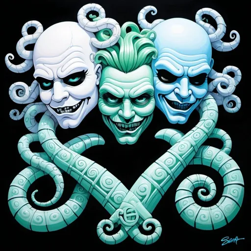 Prompt: Charachters Pastel white and pastel blue pastel blue pastel green graffiti medusa charachter on a black wall backround freddy crugar and jason muscular gangster pastel colored  graffiti art by sedusa adornment