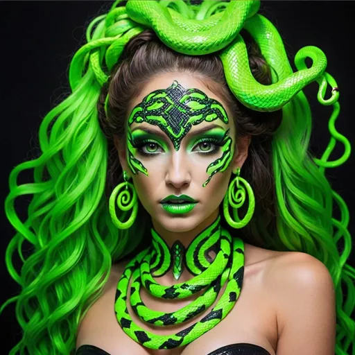 Prompt: medusa microbraided neon green snake long medusa hair charachter revealing cleavage graffiti make up art - sedusa adornment glittery shiney