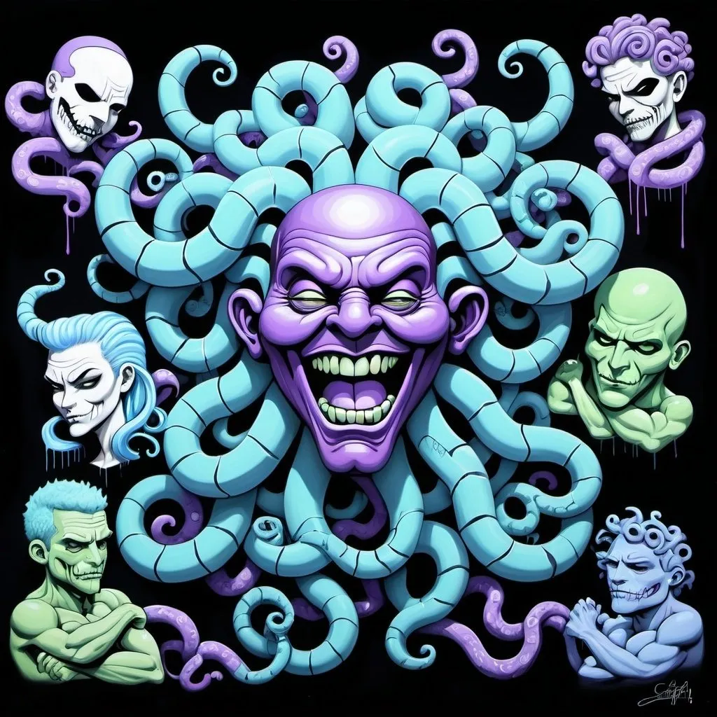 Prompt: Charachters purple white and pastel blue pastel blue pastel green graffiti medusa charachter on a black wall backround freddy crugar and jason muscular gangster pastel colored  graffiti art by sedusa adornment art 