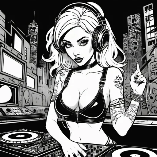 Prompt: Coloring page Graffitti cartoon female dj  character revealing cleavage cyber punk gangster print 