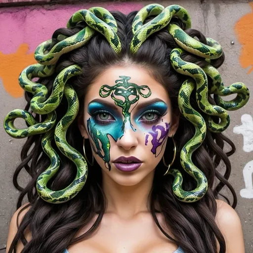 Prompt: Graffiti art face medusa microbraided snake long medusa hair charachter revealing cleavage graffiti art face make up Clothing print sedusa adornment glittery shiney