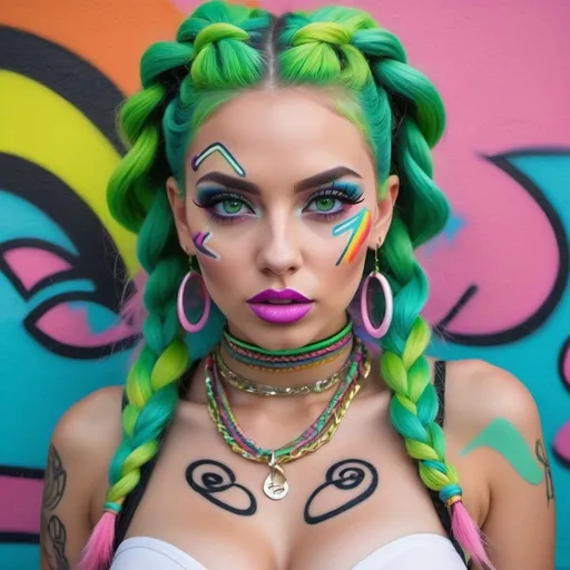 Prompt: Pastel graffiti gangster character green eyes revealing extra large cleavage with rainbow pastel microbraided hair and full lips designer bold unique loud makeup artists bold adornment creative stylish neon graffiti art makeup