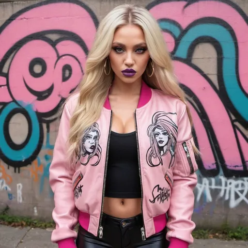 Prompt:  medusa microbraided long blonde hair revealing extra large cleavage full lips graffiti art printed on her pink leather bomber jacket  