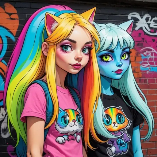 Prompt: Cartoon attitude  characture graffitti blonde neon rainbow long hair the Chester cat and Alice with an extraterestrial being