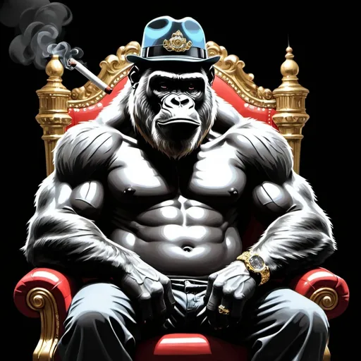 Prompt: Cartoon Graffiti character art gangster gorilla sitting on a throne smoking a cigar bling on a black canvas backround