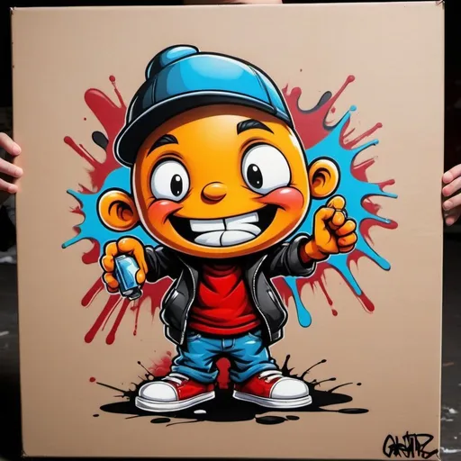 Prompt: Cartoon Graffiti character art on back canvas backround