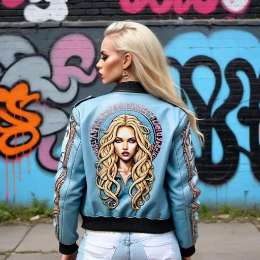 Prompt:  medusa microbraided long blonde hair revealing extra large cleavage full lips graffiti art printed on her pastel blue leather bomber jacket back front and arms  round rear side exotic leather