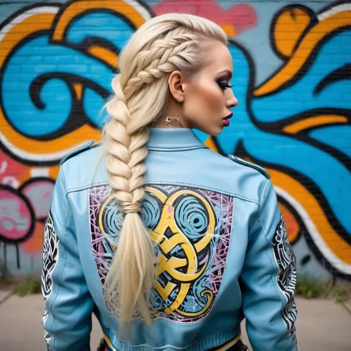 Prompt:  medusa microbraided long blonde hair revealing extra large cleavage full lips graffiti art printed on her pastel blue leather bomber jacket back front and arms  round rear side exotic leather