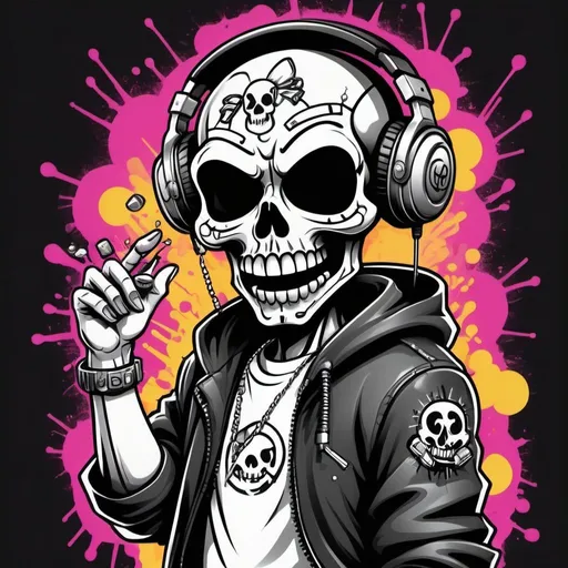 Prompt: Coloring page Cartoon Graffitti character cyber punk gangster happy candy skull hip hop dj charachter spray bomb print