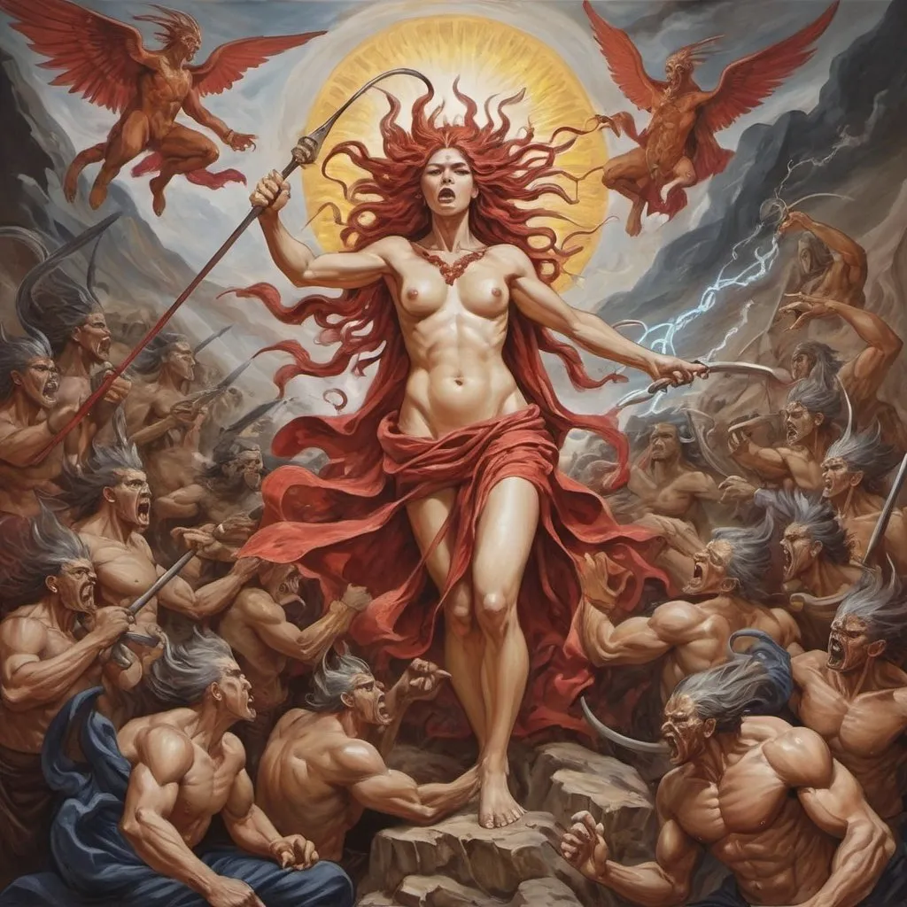 Prompt: Coloring print oil painting vangoughA soul calling to fight a spiritual war in the human form of a chaos and struggle engineered by abusive powers of the elites - sedusa adornment 