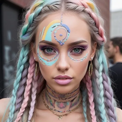 Prompt: Pastel  microbraided long hair charachter revealing cleavage graffiti art face make up